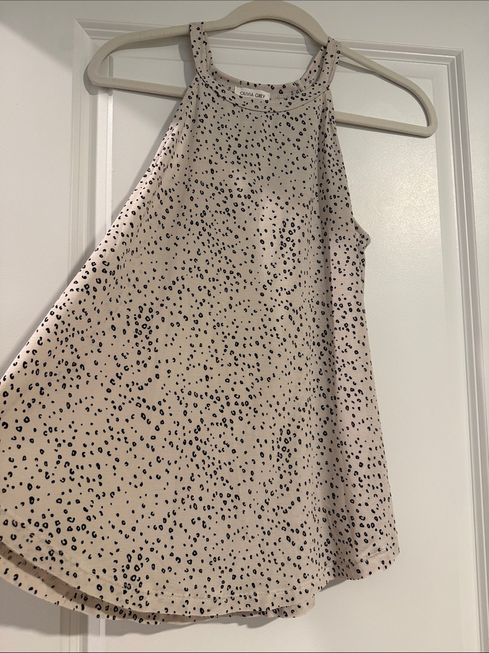 Olivia Grey Beige Halter Tank with Black Speckle Print - Swing Silhouette
